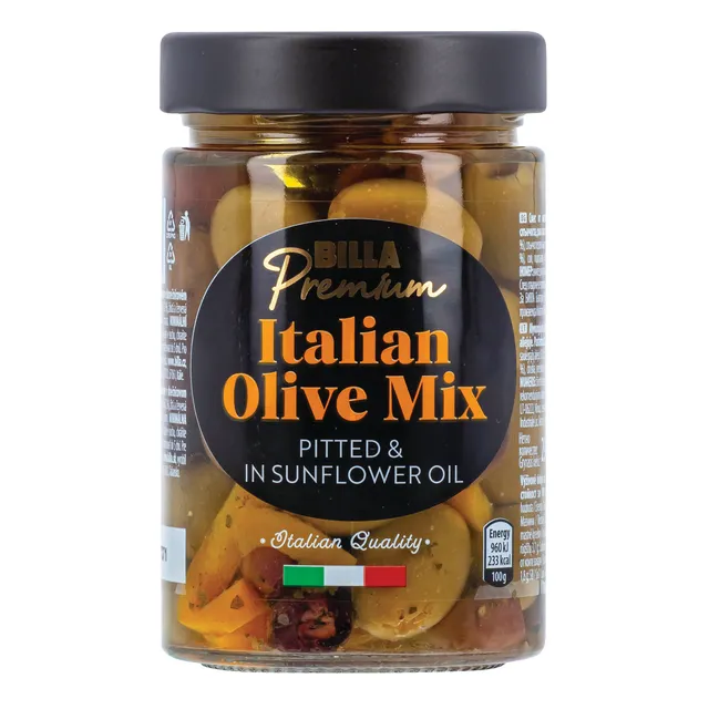Itališkų alyvuogių mišinys saulėgrąžų aliejuje BILLA PREMIUM, 290 g