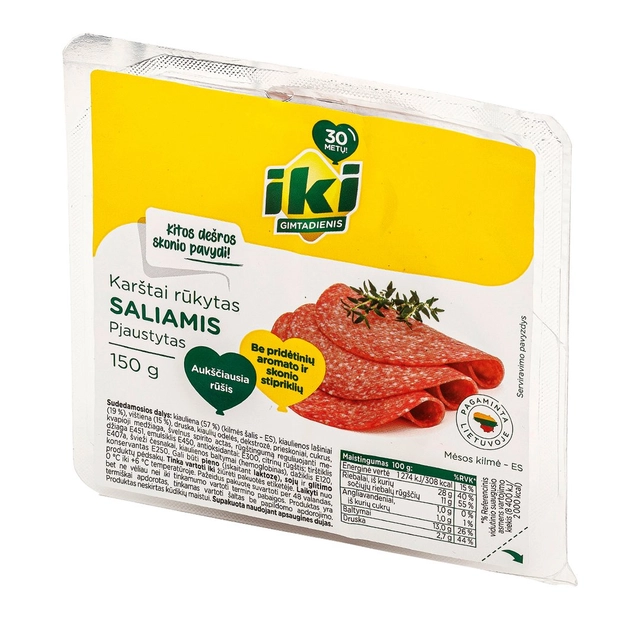 IKI karštai rūkytas Saliamis, pjaustytas Aukščiausia rūšis., 150 g