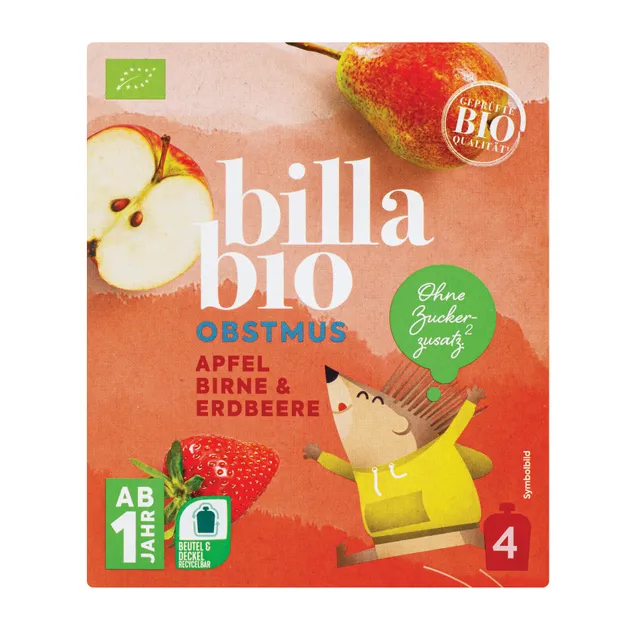 Braškių ir kriaušių tyrelė vaikams BILLA BIO, 360 g