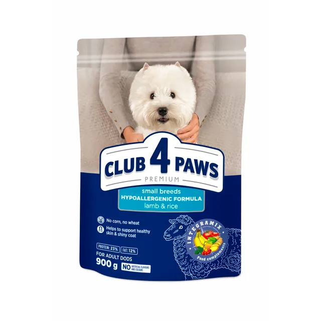 Visavertis pašaras suaugusiems šunims ėriena ir ryžiai CLUB 4 PAWS PREMIUM, 900 g