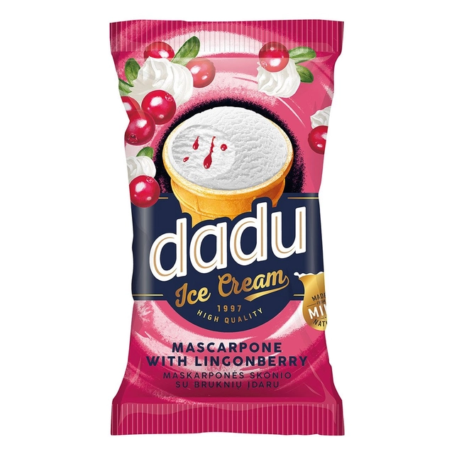 Maskarponės sūrio skonio valgomieji ledai DADU su bruknių įdaru, 120 ml