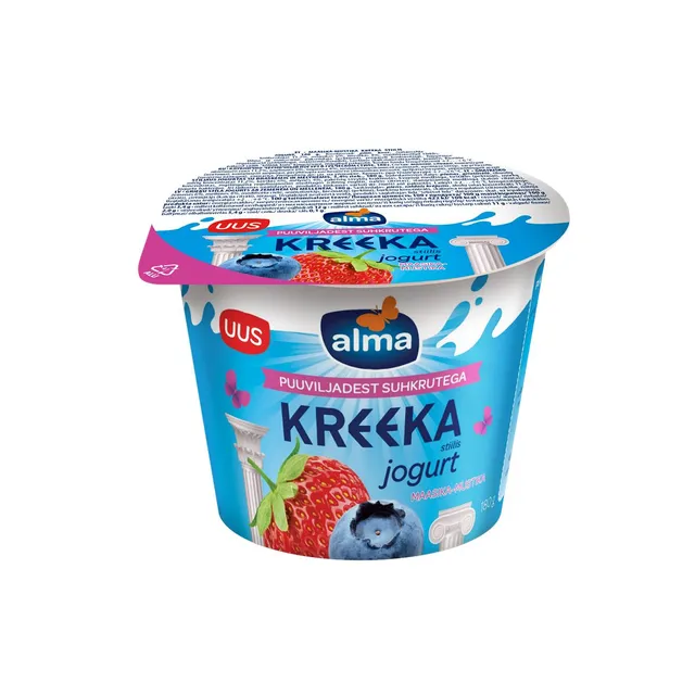 Graikiško stiliaus jogurtas su braškėmis ir mėlynėmis, 3,4% rieb., su vaisių cukrumi ALMA, 180 g