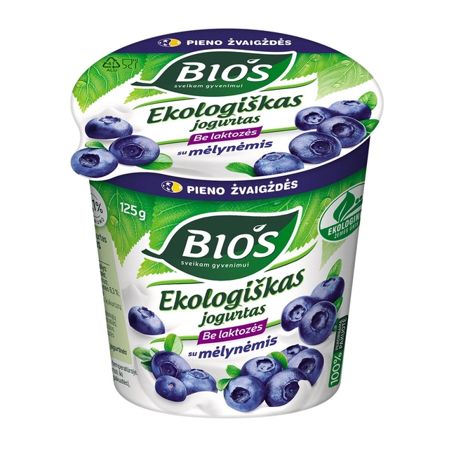 Ekologiškas jogurtas be laktozės su mėlynėmis BIOS, 3,1% rieb., 125 g