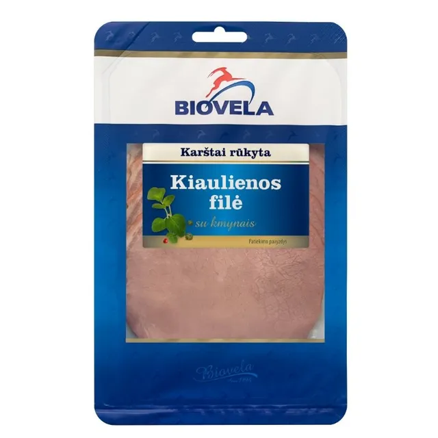 Karštai rūkyta kiaulienos filė su kmynais pirma rūšis BIOVELA, 90 g