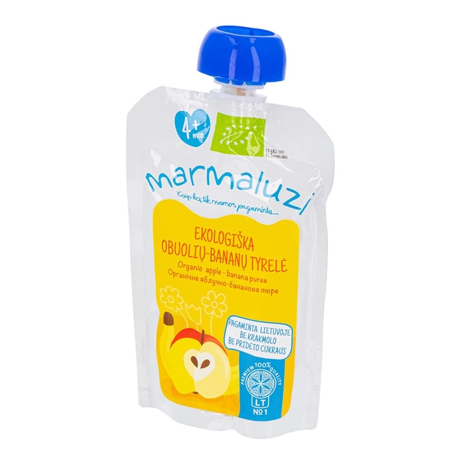 Ekologiška obuolių ir bananų tyrelė MARMALUZI (nuo 4 mėn), 90 g