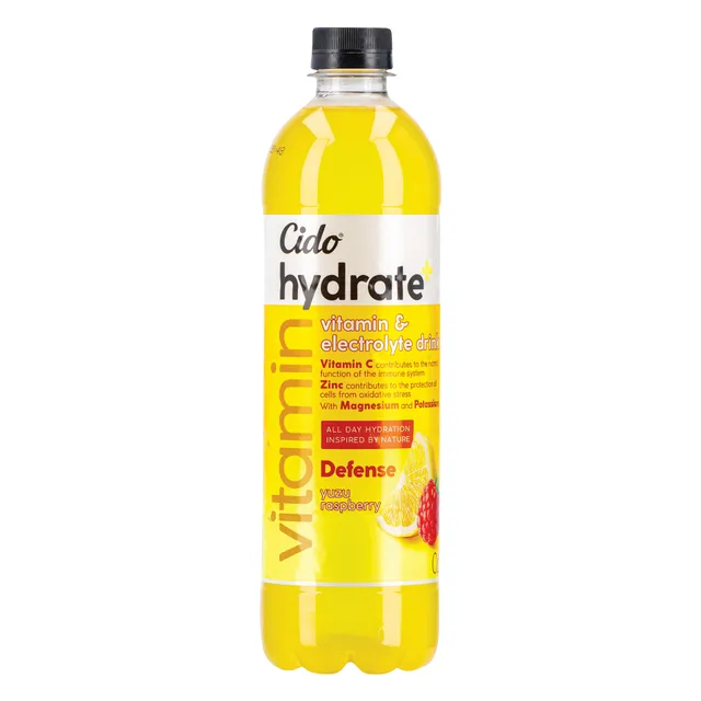 Negazuotas yuzu vaisių ir aviečių skonio gaivusis gėrimas CIDO HYDRATE+ DEFENSE, 600 ml
