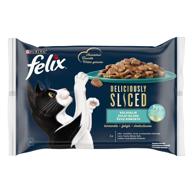 Visavertis šlapiasis ėdalas suaugusioms katėms drebučiuose FELIX DELICIOUSLY SLICED OCEAN SELECTION, 4x80 g