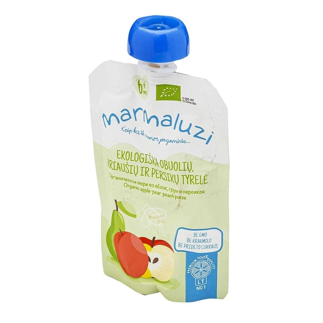 Ekologiška obuolių, kriaušių ir persikų tyrelė MARMALUZI (nuo 6 mėn.), 90 g