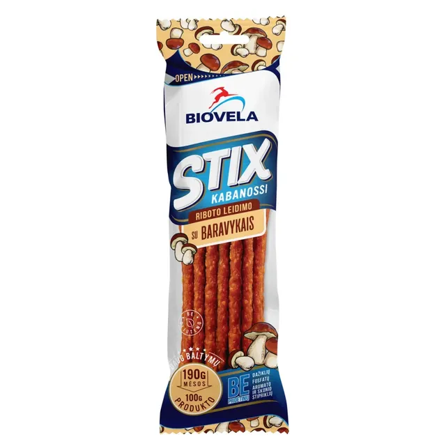 Karštai rūkytos lazdelės su baravykais STIX KABANOSSI, 100 g