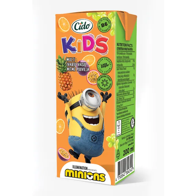 Įvairių vaisių sulčių gėrimas CIDO KIDS MINIONS (10%), 200 ml