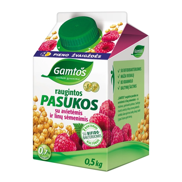Raugintos pasukos su avietėmis ir linų sėmenimis GAMTOS, 0,8% rieb., 500 g