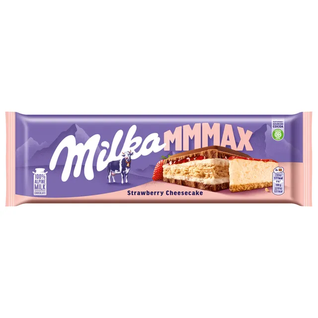 Milk chocolate with alpine milk and cheesecake, strawberry filling and cookie