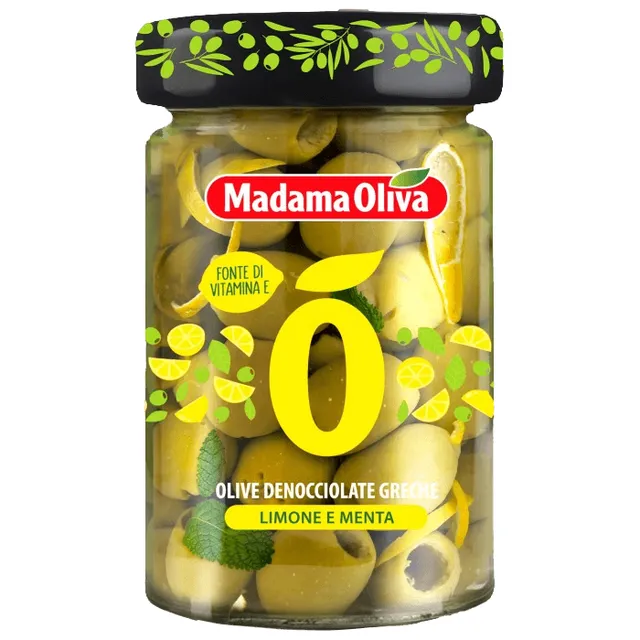 Graikiškos žaliosios alyvuogės be kauliukų su citrinų žievelėmis ir mėtų lapais MADAMA OLIVA, 140 g