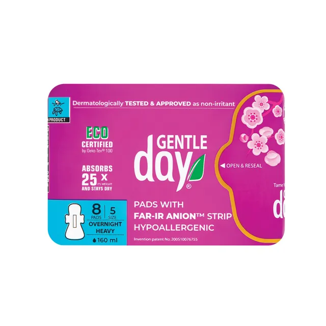 Ekologiški naktiniai higieniniai paketai su anijonų juostele GENTLE DAY FAR-IR ANION, 8 vnt.