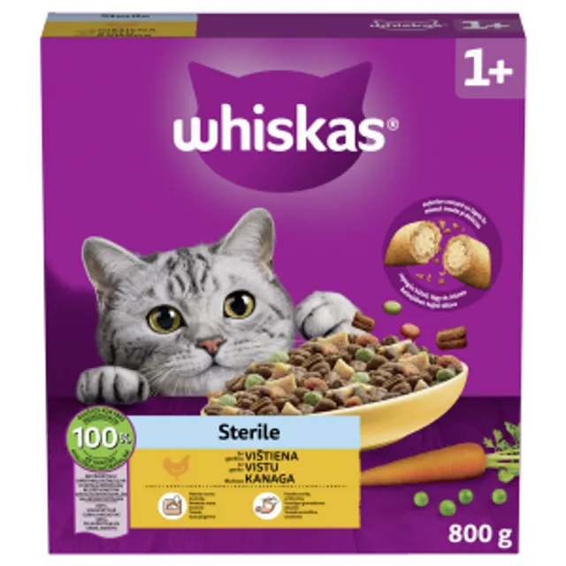 Visavertis sausas ėdalas suaugusioms katėms WHISKAS Adult Sterile su vištiena 800g