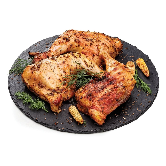 Roasted chicken broiler quarters with caraway cold.