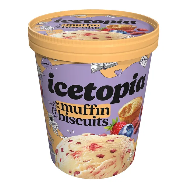 Kekso skonio grietininiai ledai su sausainių trupiniais ir miško uogų įdaru ICETOPIA, 310 g
