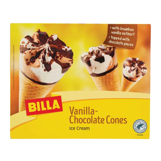Edible vanilla and chocolate flavored ice cream in waffle cone BILLA, 6x120 ml