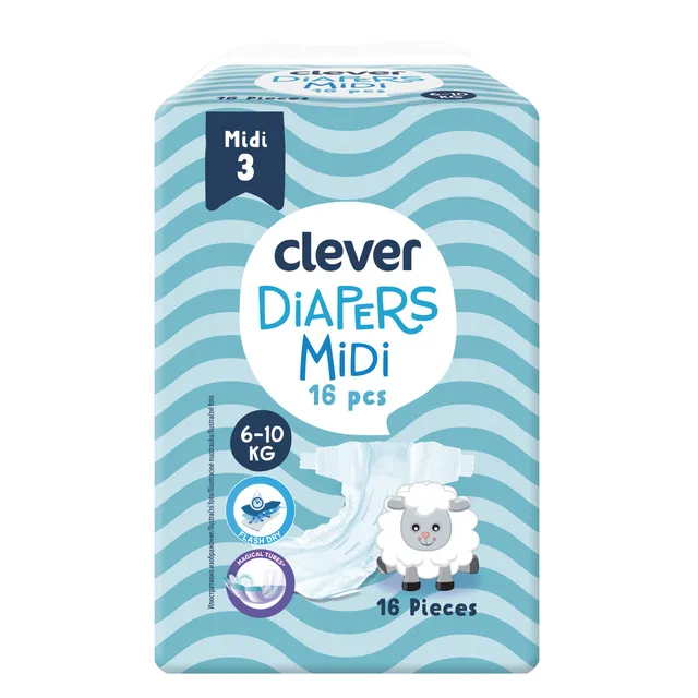 Sauskelnės CLEVER Midi 3 dydis, 4-9 Kg, 16 vnt.