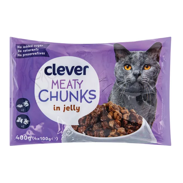 Влажный корм для кошек с курицей, и печенью, говядиной, птицей CLEVER, 400 г