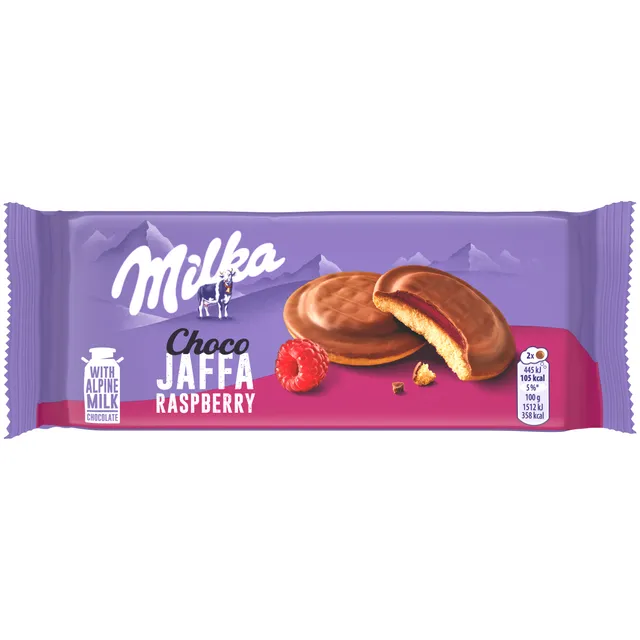 Sausainiai su aviečių skonio įdaru MILKA CHOCO JAFFA, 147 g