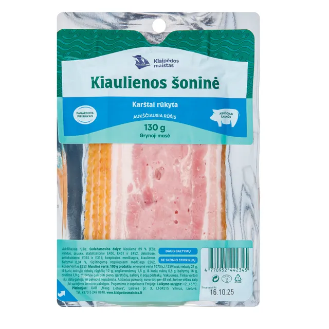 Hot smoked pork bacon highest quality KLAIPĖDOS MAISTAS, 130 g