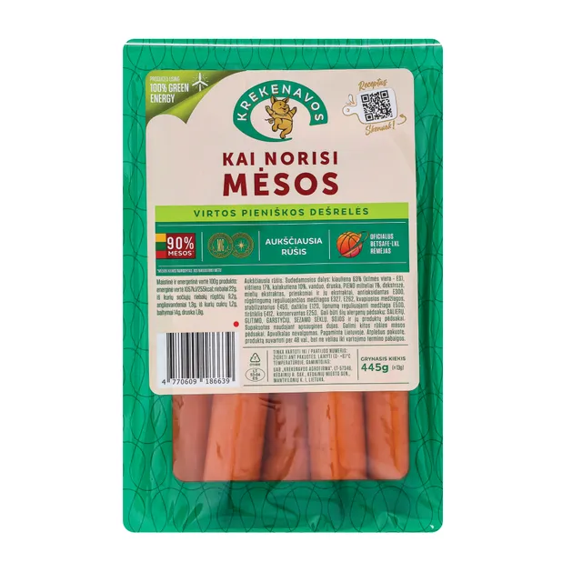 Virtos KAI NORISI MĖSOS pieniškos dešrelės dujose 445g