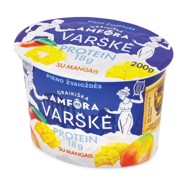 Varškė su mangais be laktozės GRAIKIŠKA AMFORA PROTEIN, 0,8% rieb., 200 g