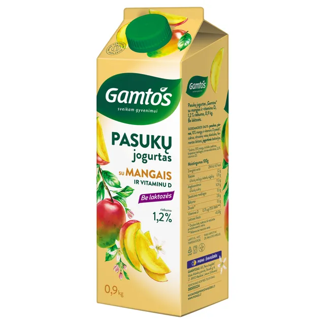 Pasukų jogurtas su mangais ir vitaminu D, be laktozės GAMTOS, 1,2% rieb., 900 g