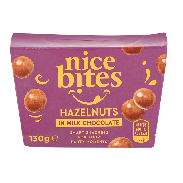 Lazdyno riešutai pieniniame šokolade NICE BITES, 130 g