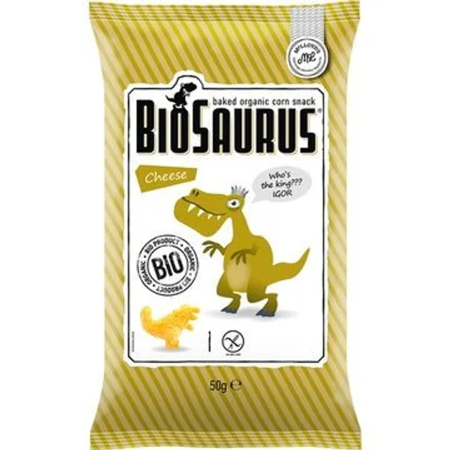 Ekologiški kepti kukurūzų traškučiai su sūrio prieskoniais BIOSAURUS, 50 g