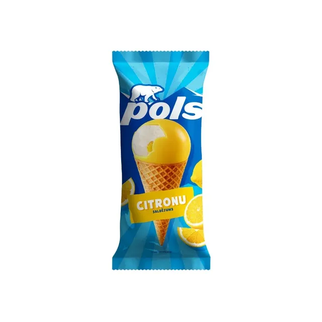 Citrininiai ledai su citrinų įdaru ir glaistu vafliniame kūgyje, POLS 150 ml