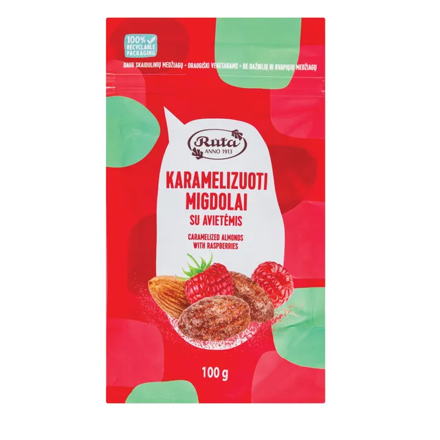 Karamelizuoti migdolai su avietėmis RŪTA, 100 g