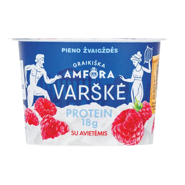 Varškė su avietėmis be laktozės GRAIKIŠKA AMFORA PROTEIN, 0,8% rieb., 200 g