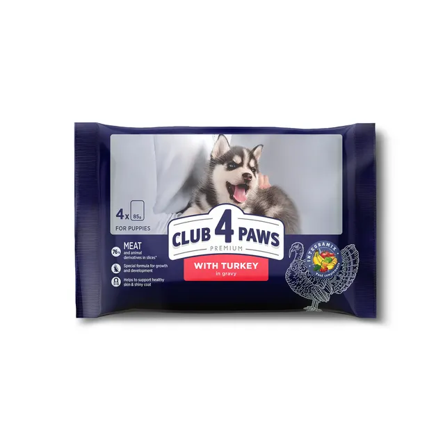 Visaverčio konservuoto pašaro rinkinys šuniukams su kalakutiena CLUB 4 PAWS PREMIUM, 340 g
