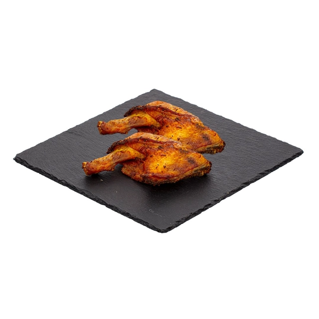 Hot smoked broiler chicken quarters with caraway
