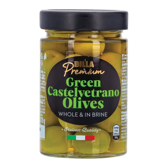 Žaliosios alyvuogės savo sūryme BILLA PREMIUM, 170 g