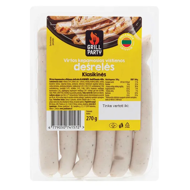 Klasikinės dešrelės virtos, kepamos a.r. GRILL PARTY, 270 g