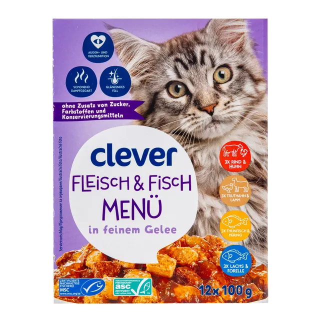 Šlapias kačių ėdalas padaže su mėsa ir žuvimi CLEVER, 12x100 g
