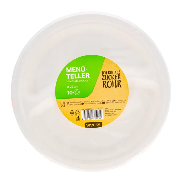 Trijų skyrių popierinės lėkštės VIVESS, 22 cm, 10 vnt.
