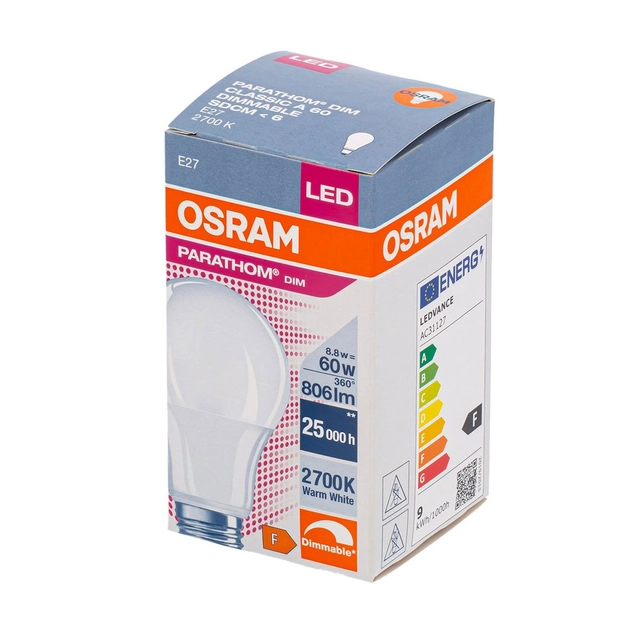LED lemputė OSRAM Frosted, CL A60 E27 8.8W, 806lm, Pritemdoma