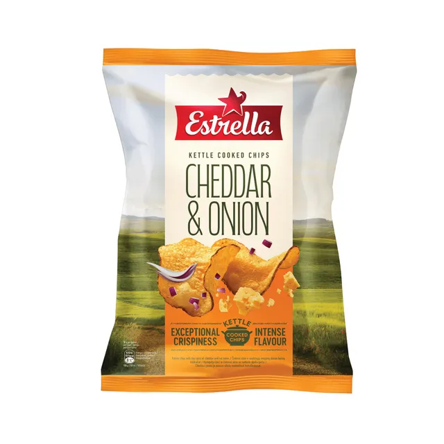 Čederio sūrio ir raudonųjų svogūnų skonio bulvių traškučiai ESTRELLA KETTLE, 120 g
