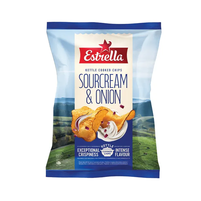 Grietinės ir svogūnų skonio bulvių traškučiai ESTRELLA KETTLE, 120 g