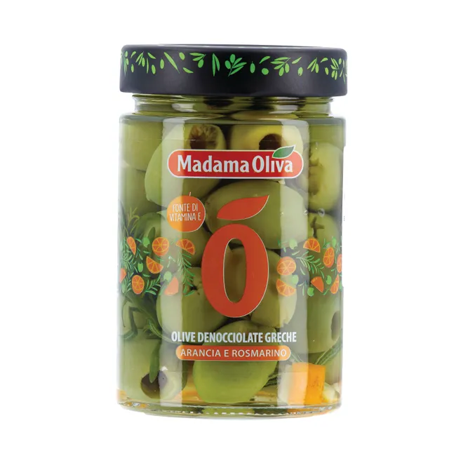 Graikiškos žaliosios alyvuogės be kauliukų su apelsino žievelėmis ir rozmarinu MADAMA OLIVA, 140 g 