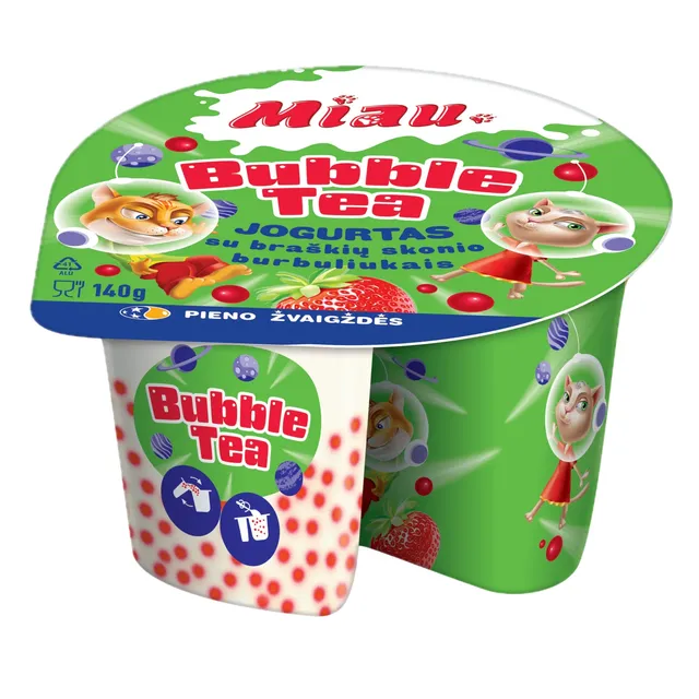 Jogurtas MIAU su braškių ir juodosios arbatos skonio burbuliukais BUBBLE TEA, 3% riebumo, 140g