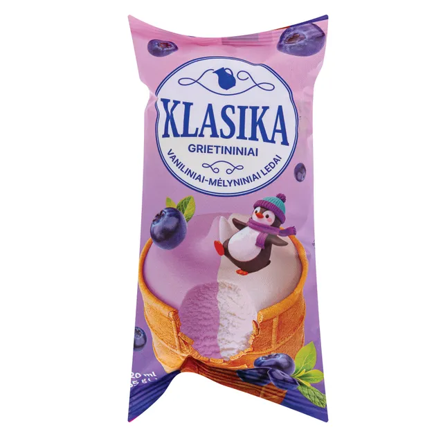 Grietininiai valgomieji ledai KLASIKA, vanilės ir mėlynių skonio, 120 ml