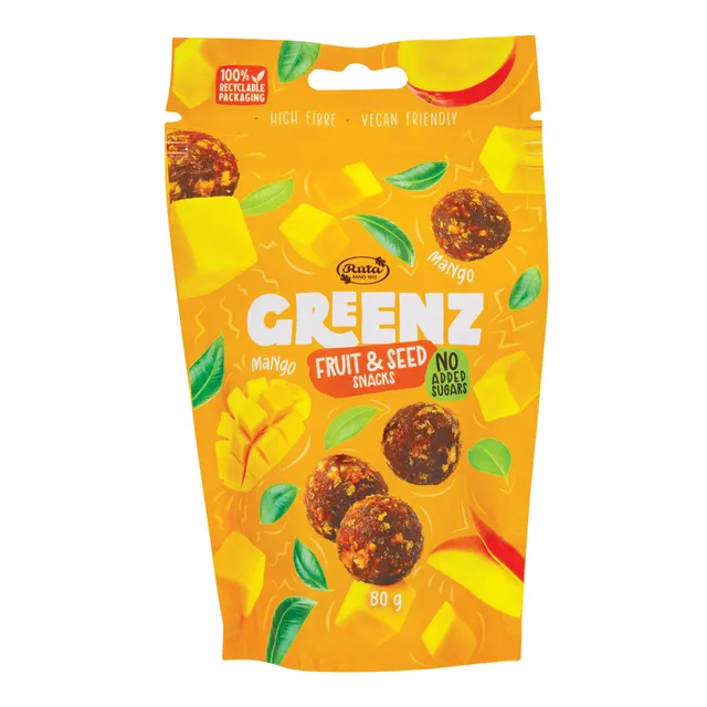 Vaisių ir sėklų užkandžiai su mangais RŪTA GREENZ MANGO, 80 g