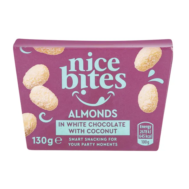 Migdolai su kokosu baltame šokolade NICE BITES, 130 g