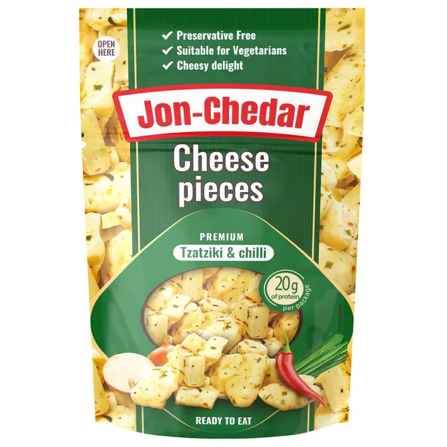 Čederio sūrio gabaliukai JON-CHEDAR TZATZIKI & CHILLI 50% rieb, 80 g