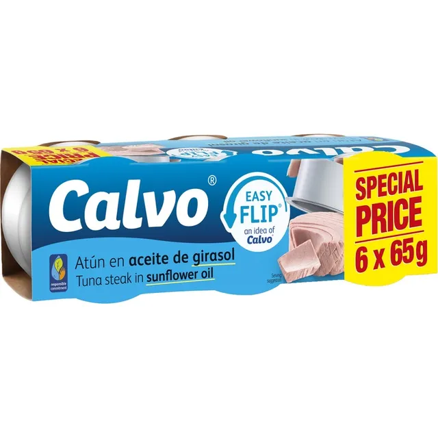 Nesmulkintas tunas saulėgrąžų aliejuje CALVO EASY FLIP, 6x65 g